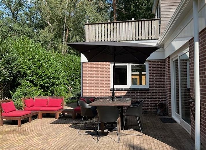 Lichte woonkamer van Vakantiehuis in Spier met uitzicht op de groene omgeving van Drenthe.