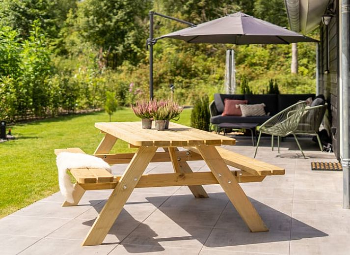 Vakantiehuisje in Spier, Drenthe, omringd door groene tuin en blauwe lucht.