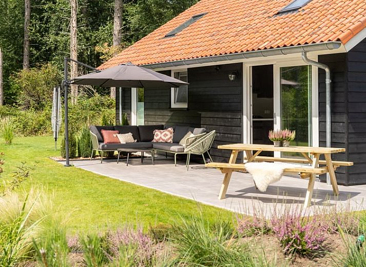 Terras met picknicktafel en parasol bij Vakantiehuisje in Spier, Midden Drenthe.