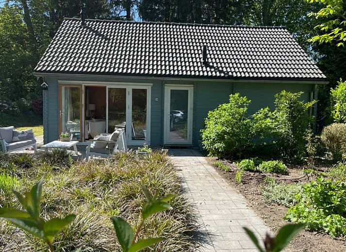 Ferienhaus DG1871 in Spier, Mittel-Drenthe mit Blick auf einen ueppigen Garten und eine Terrasse.