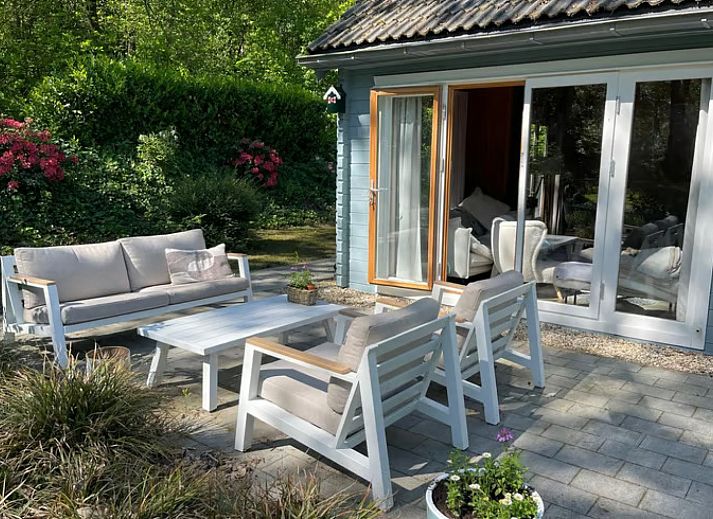 Ferienhaus DG1871 in Spier, Mittel-Drenthe mit Blick auf einen ueppigen Garten und eine Terrasse.