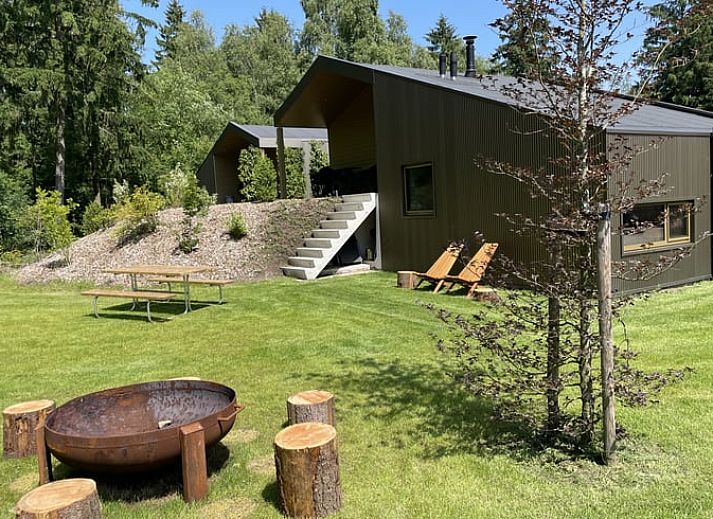 Modern kitchen in Holiday Home in Spier, Drenthe, with wooden details and blue accents.