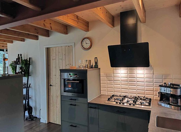 Modernes Badezimmer im Ferienhaus DG1552, Spier, Drenthe, mit Doppelwaschbecken und Holzschiebetuer.