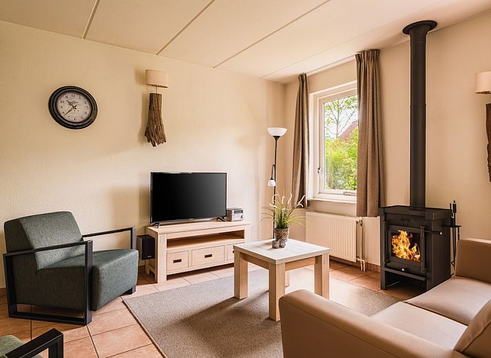 Gezellige woonkamer van Comfort 6 vakantiehuis in Hoogersmilde, Midden Drenthe, met open haard en comfortabele zithoek.