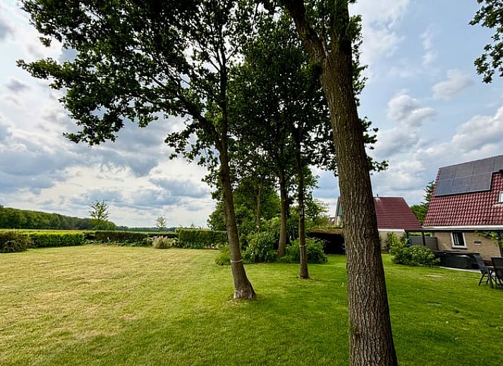 Ontspan op de veranda van Vakantiehuisje in Schoonloo, Midden Drenthe, met comfortabel terrasmeubilair en uitzicht op de groene natuur.