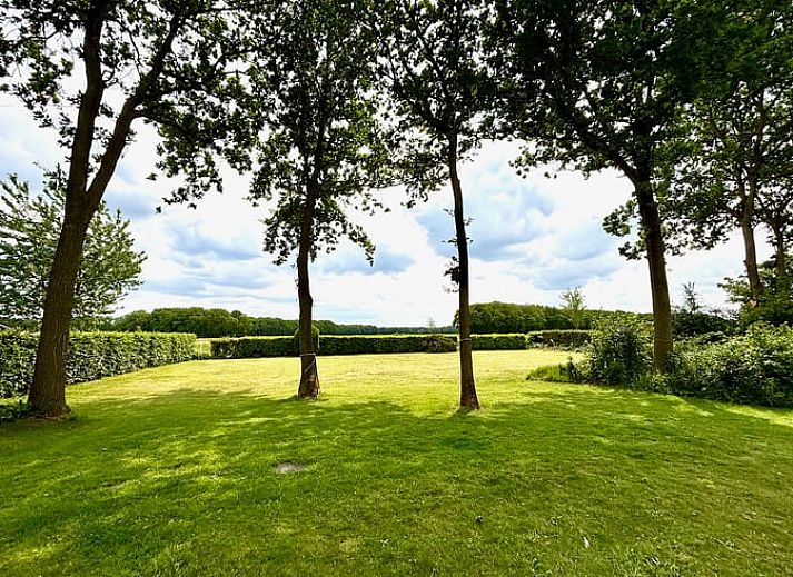 Moderne badkamer in Vakantiehuisje in Schoonloo, Midden Drenthe, met uitzicht op de natuur door een groot dakraam.