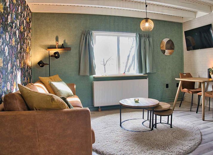 Veranda van vakantiehuis DG1430 in Schoonloo, Midden Drenthe, met comfortabele zitplaatsen omgeven door groen.