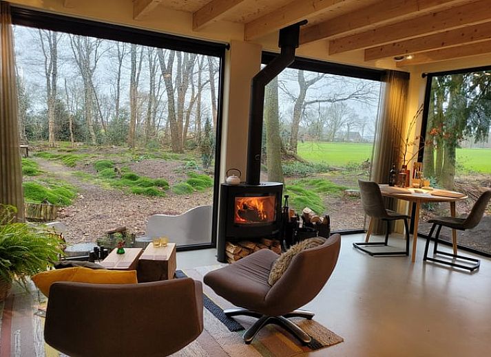 Gemuetliche Sitzecke im Ferienhaus in Drijber, Zentral-Drenthe, mit Blick auf den Wald fuer einen entspannten Aufenthalt.