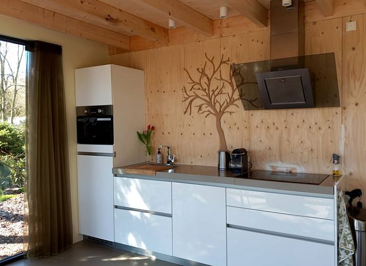 Gemuetliche Sitzecke im Ferienhaus in Drijber, Zentral-Drenthe, mit Blick auf den Wald fuer einen entspannten Aufenthalt.