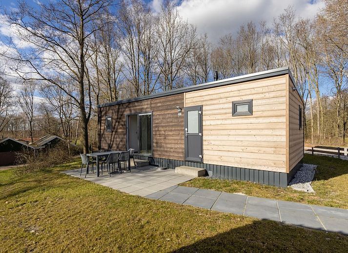 Das Comfort 6 Chalet in Gasselternijveen, Zentral-Drenthe, bietet einen ruhigen Aussenbereich mit Terrasse inmitten der Natur.
