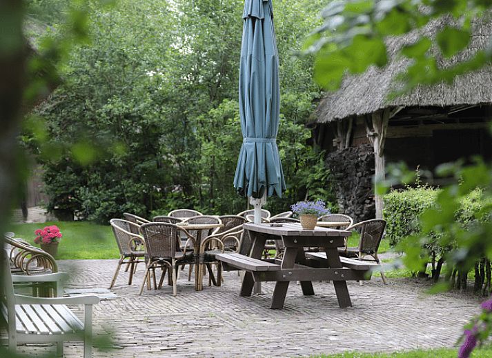 Charming vacation home in Orvelte, Central Drenthe with thatched roof and green surroundings.