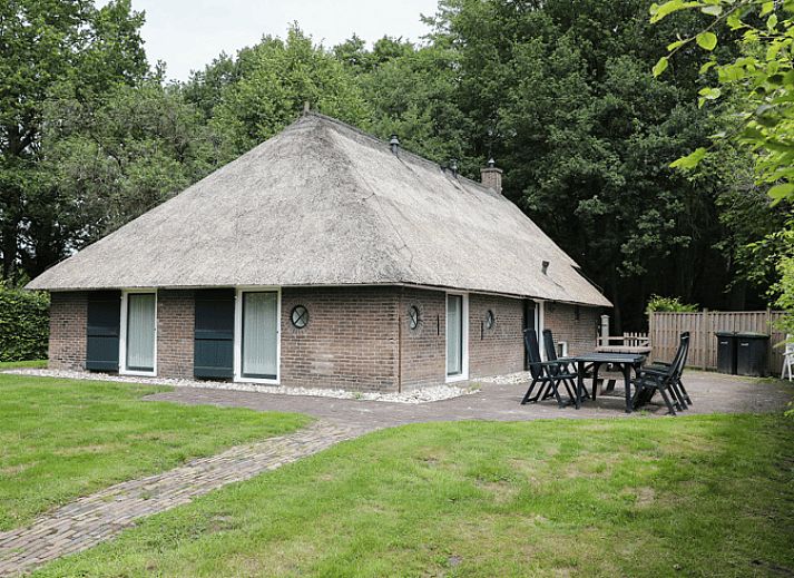 Charming vacation home in Orvelte, Central Drenthe, with thatched roof and green surroundings.