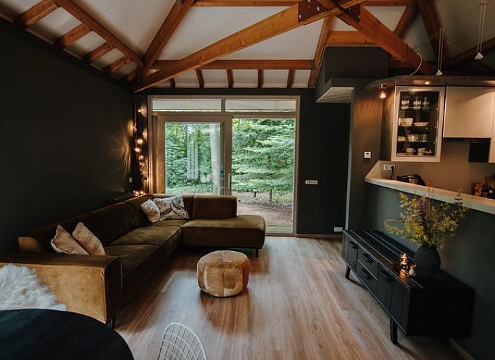 Gemuetliches Wohnzimmer in Cottage in Gasselte, Ferienhaus in Drenthe mit Blick auf den Wald.