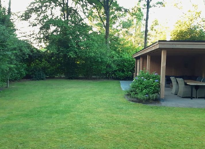 Geniet van de serene omgeving bij Huisje in Gasselte, een vakantiehuis in Midden Drenthe met een ruim terras en groene natuur.