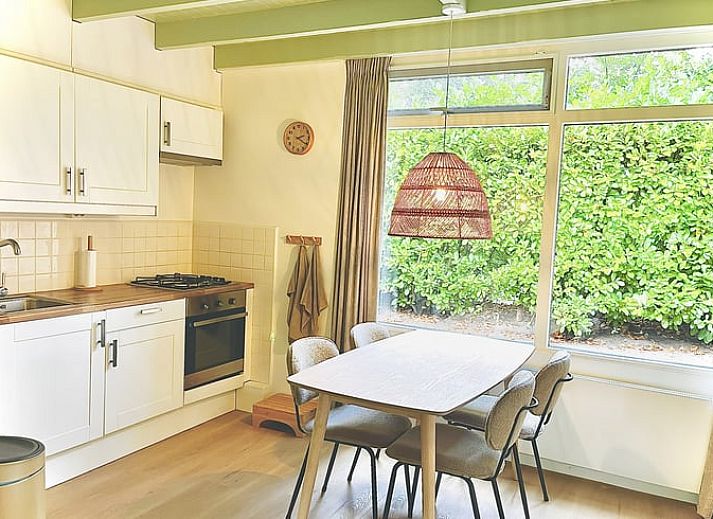 Gezellige veranda van Huisje in Gasselte, vakantiehuis in Midden Drenthe, met comfortabele zithoek en uitzicht op kleurrijke hortensia's.