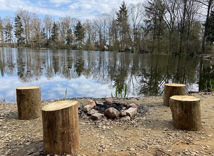 Geniet van het serene uitzicht op de vijver bij Vakantiehuisje in Papenvoort, een idyllische vakantiewoning in Midden Drenthe, Drenthe.