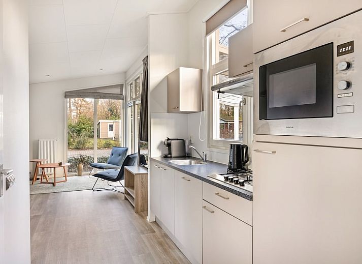 Stilvolles Wohnzimmer von Buttercup Chalet 4 in Hooghalen, Zentral-Drenthe. Geniessen Sie den Komfort und die Aussicht auf die Natur von diesem Ferienhaus aus.