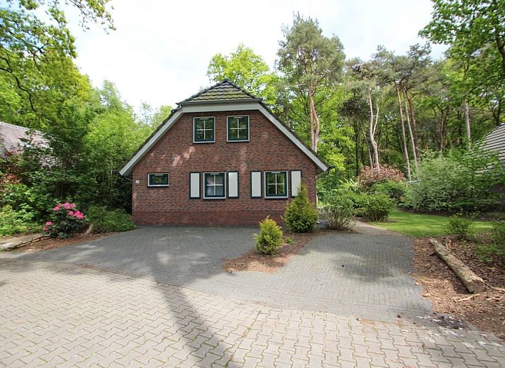 Gemuetliches Wohnzimmer der Zandduin Villa mit Sauna 10 in Hooghalen, Zentral-Drenthe, mit bequemen Sitzgelegenheiten und Blick auf die Natur.