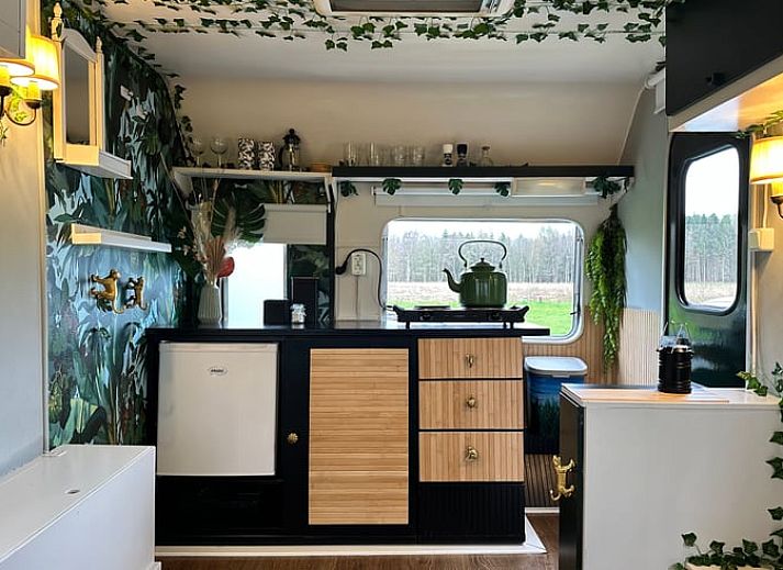 Charmanter Wohnwagen im Ferienhaus in Mantinge, Zentral-Drenthe, umgeben von viel Gruen fuer ein rustikales Erlebnis.