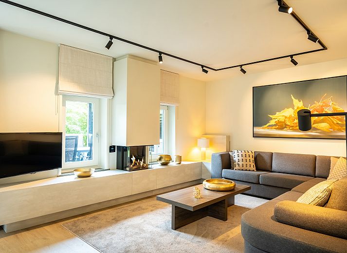 Cozy living room in Hof van Saksen 8-bed farmhouse 8L, Nooitgedacht, Midden Drenthe, with modern furnishings.