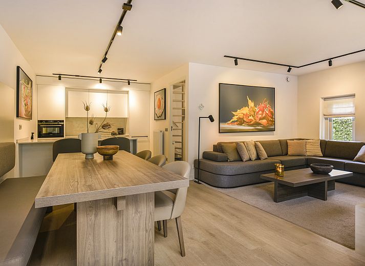 Gezellige woonkamer in Hof van Saksen 4-persoons boerderij 4L, Nooitgedacht, Drenthe met comfortabele zitruimte.