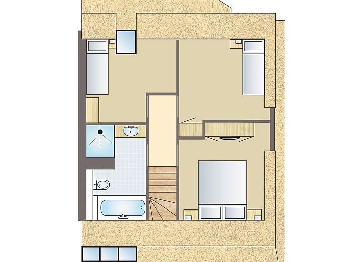 Karte von Hof van Saksen 4-Personen Bauernhaus 4CE1 in Nooitgedacht, Drenthe. Erdgeschoss mit offenem Wohnzimmer und Kueche.
