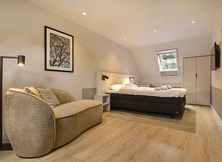 Gezellige woonkamer in Hof van Saksen 2-persoons Wellnessboerderij in Nooitgedacht, Drenthe met open haard en comfortabele zithoek.