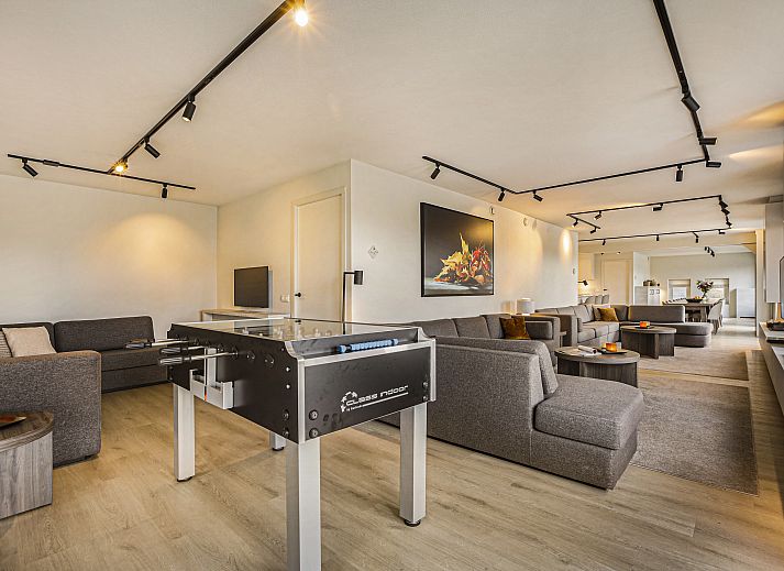 Moderne lounge in Hof van Saksen 18-persoons boerderij, Nooitgedacht, Drenthe met comfortabele banken en sfeerverlichting.