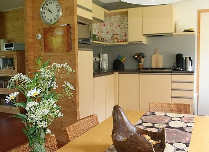 Gemuetliche Terrasse des Ferienhauses in Nieuw Balinge, Mittel-Drenthe, mit Blick auf einen gruenen Garten.