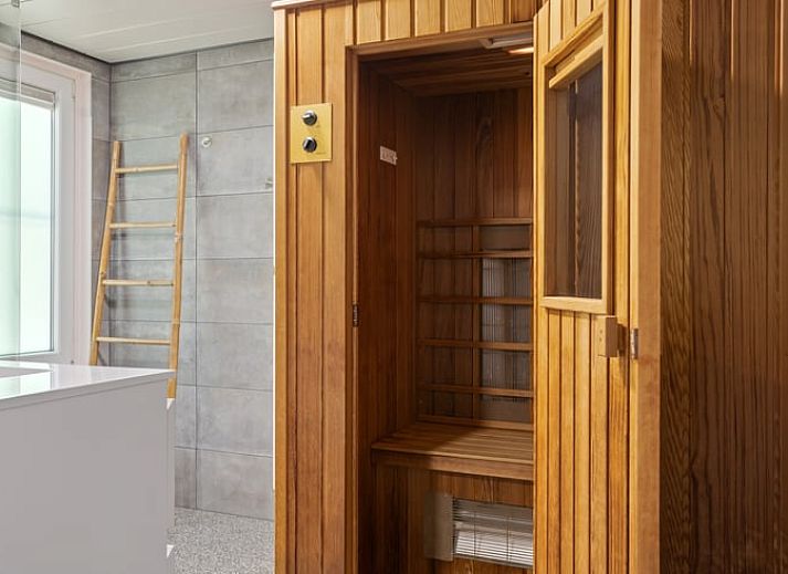 Grote patio van Vakantiehuis in Een, Noord Drenthe, met uitzicht op bos.