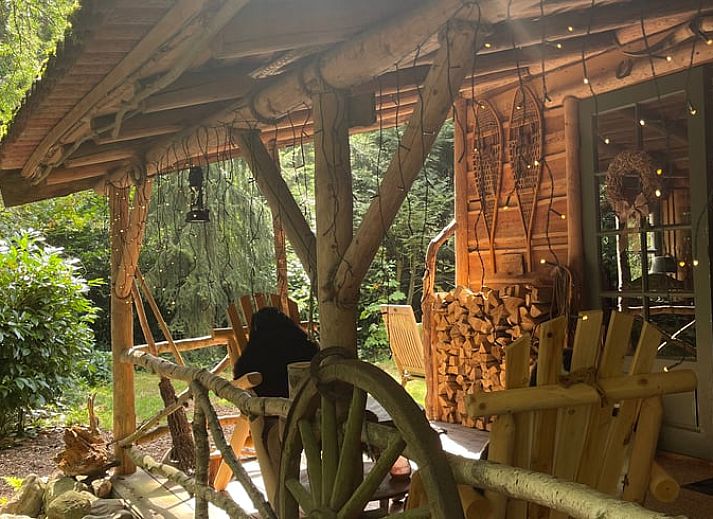 Gezellige veranda van Huisje in Norg, vakantiehuis in Norg, Noord Drenthe, omgeven door weelderige natuur.