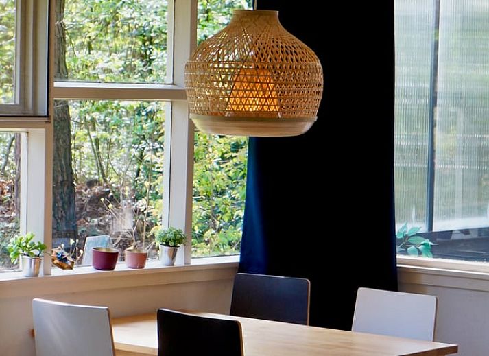 Gemuetlicher Innenbereich des Huisje in Norg, einem Ferienhaus in Norg, Nord-Drenthe, mit Blick auf die gruene Natur durch grosse Fenster.