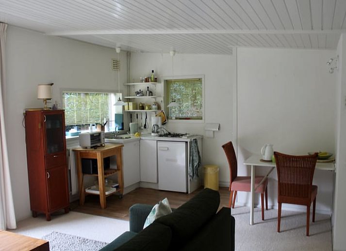 Gemuetliches Wohnzimmer im Ferienhaus in Norg, Nord-Drenthe mit bequemer Sitzecke und Blick auf die gruene Natur.