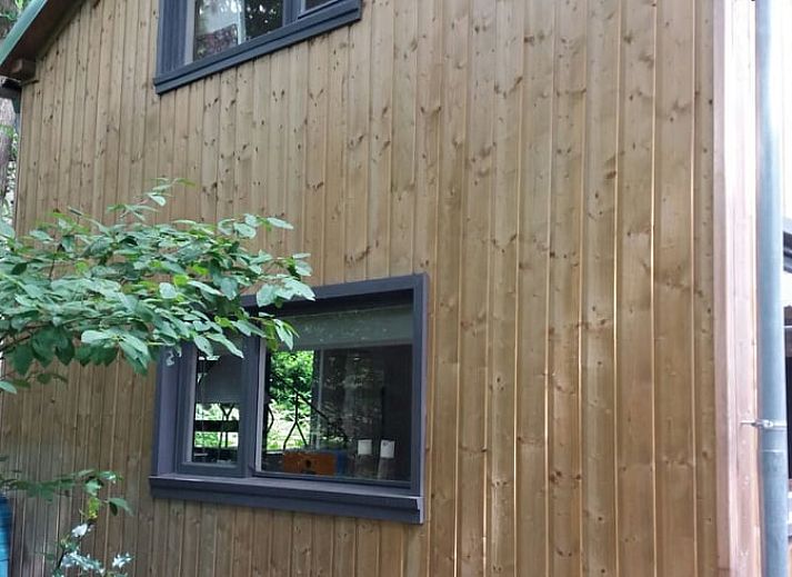 Stimmungsvoll beleuchtete Terrasse von Huisje in Norg, Ferienhaus in Nord-Drenthe, am Abend.