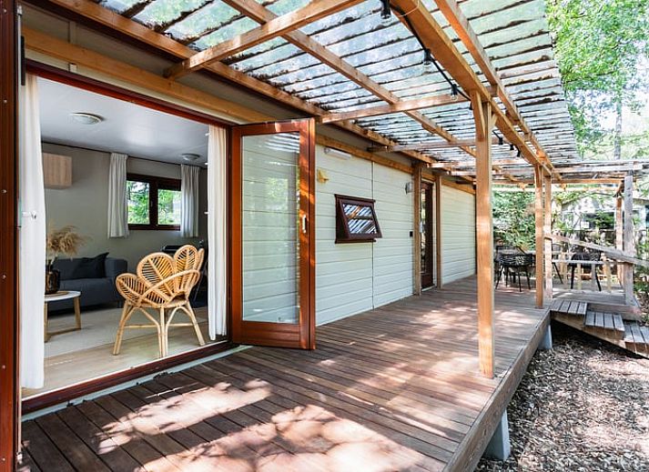 Lichte woonkamer in Huisje in Norg, vakantiehuis in Noord Drenthe, met comfortabele bank en grote ramen.