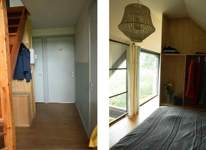 Draufsicht auf das Ferienhaus DG588 in Midlaren, Drenthe, mit Blick auf die gruene Natur und die umliegenden Felder.