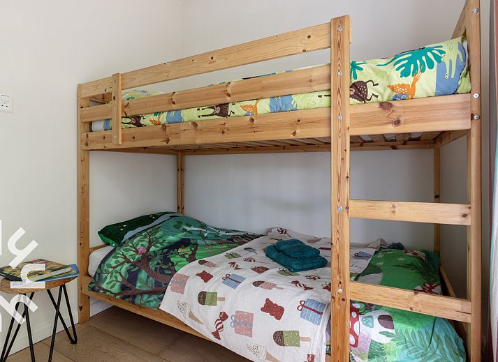 Tuin van DG588 vakantiehuis in Midlaren, Drenthe, met trampoline en houten zitmeubilair onder schaduwrijke bomen.