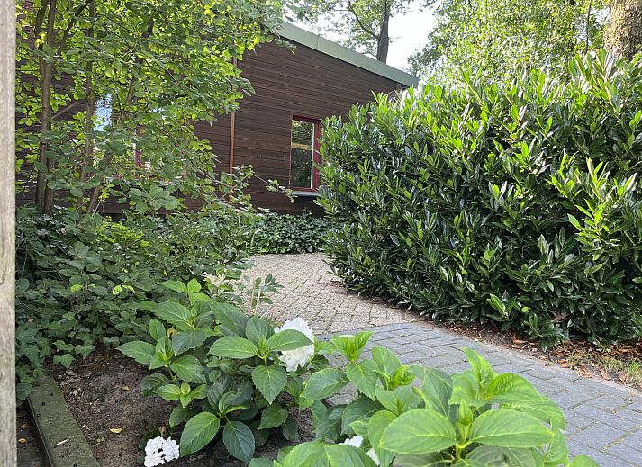 Lichte entree van vakantiehuis DG1879 in Borger, Noord Drenthe met tegelvloer en spiegel.