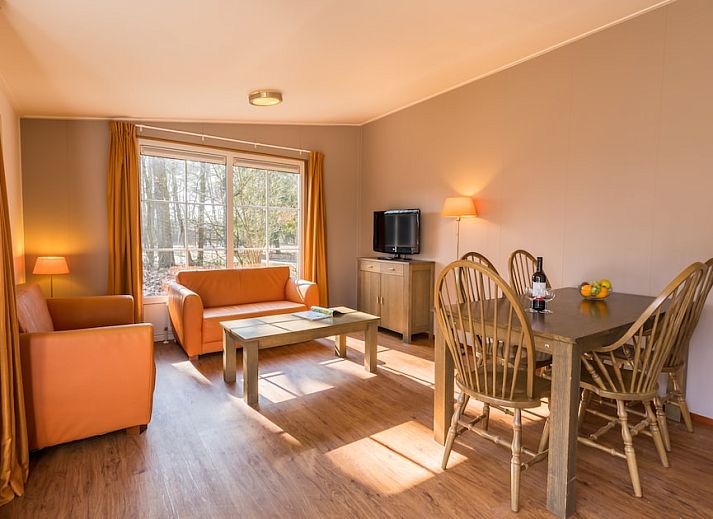 Chalet LU4M in Borger, Noord Drenthe, omgeven door groene natuur met een uitnodigend terras voor een ontspannen vakantie.