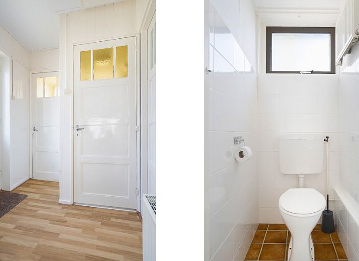 Essecke im Ferienhaus Vogelzang, Borger, Drenthe, mit viel Licht und Blick auf die gruene Umgebung.