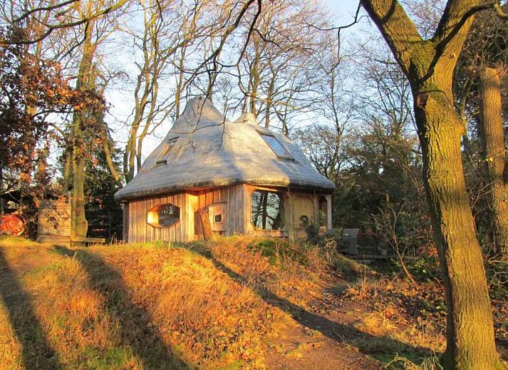 Gemuetliches Wohnzimmer des DG575 Ferienhauses in Schipborg, Drenthe mit Blick auf den Wald.
