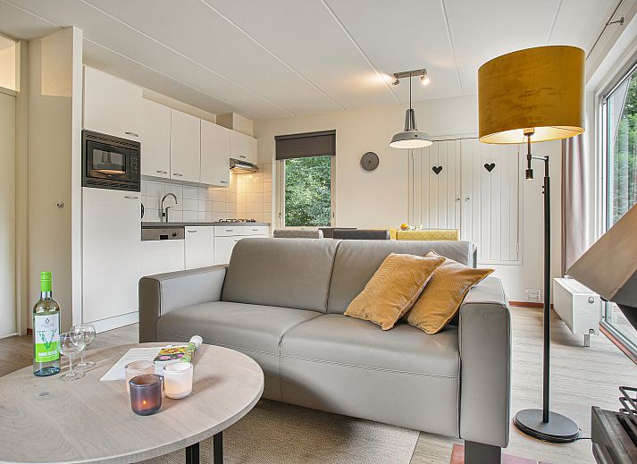 Moderne woonkamer van Het Land van Bartje 6-persoons landhuis in Ees, met comfortabele banken en open keuken.