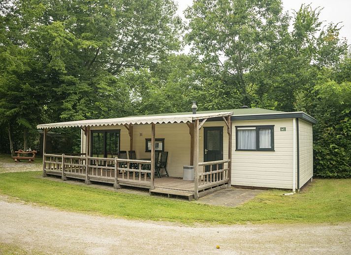 Het Land van Bartje 4-person mobile home 4BCV in Ees, Drenthe, with spacious veranda surrounded by green nature.
