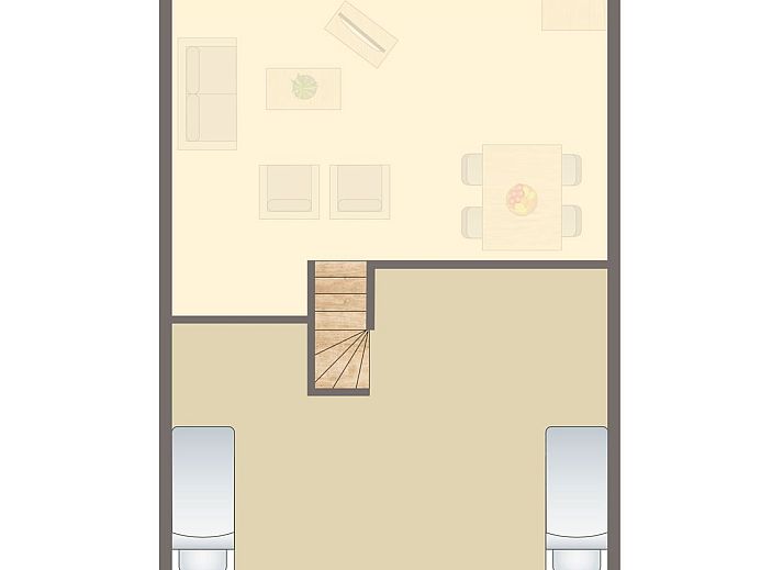 Floor plan of Het Land van Bartje 4-person bungalow 4B1 in Ees, North Drenthe. Spacious living room with kitchen and terrace.