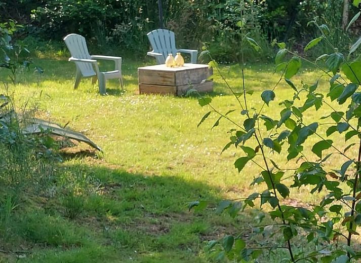 Gezellige woonkamer met houten salontafel in Huisje in Lieveren, vakantiehuis in Noord Drenthe.