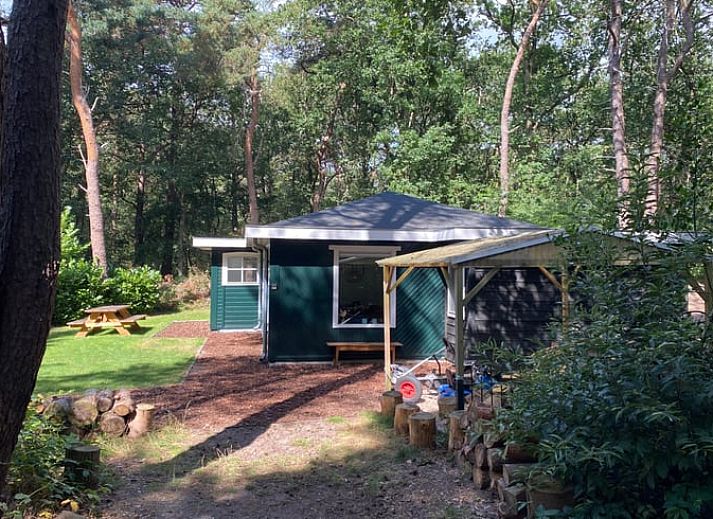 Lichte woonkamer in Huisje in Steenbergen, vakantiehuis in Drenthe met uitzicht op groene tuin en serene omgeving.