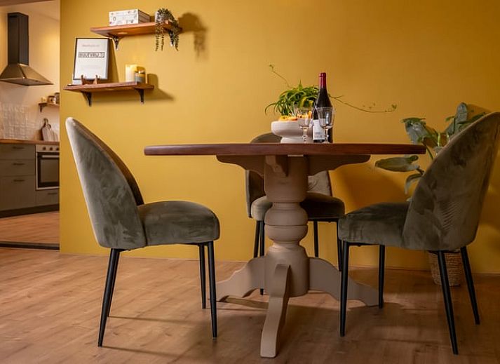 Gezellige woonkamer van Huisje in Veenhuizen, vakantiehuis in Noord Drenthe, met stijlvolle inrichting en warme kleuren voor een ontspannen verblijf.