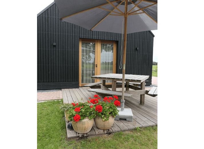 Huisje in Bunne, vakantiehuis in Noord Drenthe, Drenthe met moderne veranda en bloeiende tuin, ideaal voor natuurliefhebbers.