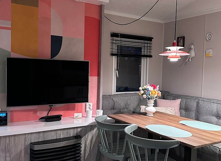 Vakantiehuisje in Ekehaar, Noord Drenthe, met sfeervolle verlichting op het terras omgeven door natuur.