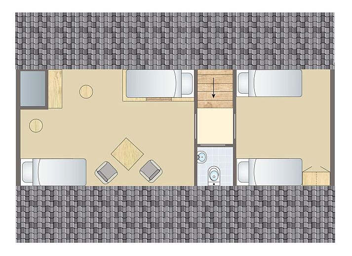 Kinderkamer in Aelderholt 6-persoons kinderbungalow in Aalden, Zuidoost Drenthe met stapelbedden en een kleurrijke inrichting.